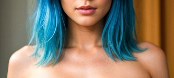 naked girl with blue hair posing for camera