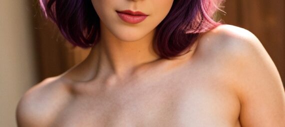 an attractive young woman with big breasts and purple hair