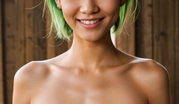 a naked asian woman with green hair posing for the camera