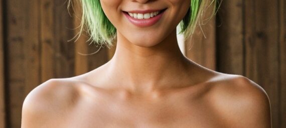 a naked asian woman with green hair posing for the camera