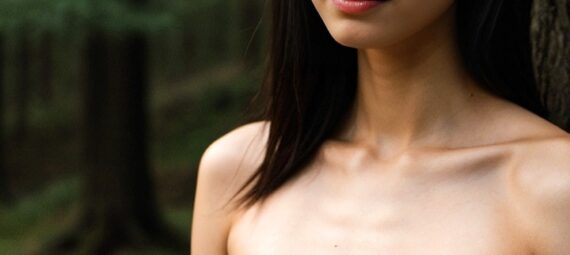 a naked asian woman is posing in the woods